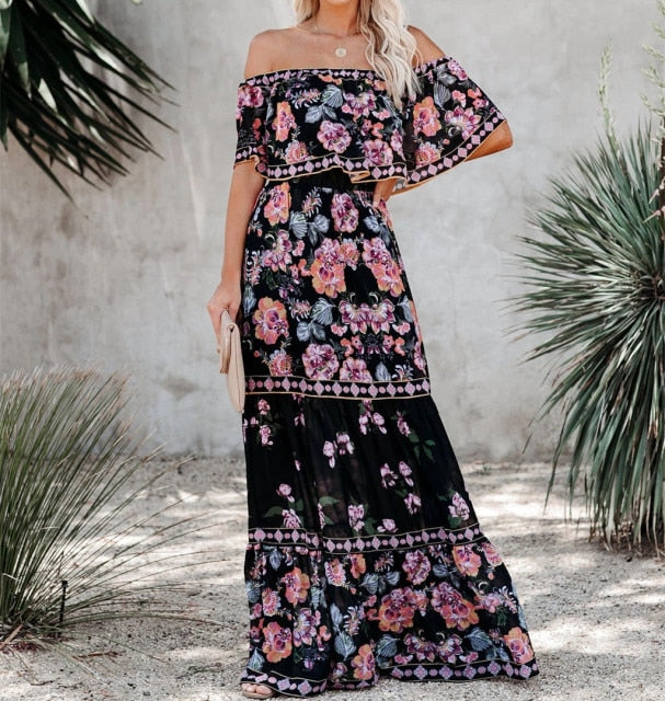 Woloong Floral Print Dress Slim Sexy Off The Shoulder Long Dress Irregular Female Streetwear New Dress Casual Autumn And Winter