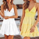 woloong Summer Women Lace Mini Dress Sexy Backless V-neck Beach Dresses Halter Sleeveless Spaghetti Strap Ruffle Sundress White Dress