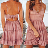 woloong Summer Women Lace Mini Dress Sexy Backless V-neck Beach Dresses Halter Sleeveless Spaghetti Strap Ruffle Sundress White Dress