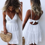 woloong Summer Women Lace Mini Dress Sexy Backless V-neck Beach Dresses Halter Sleeveless Spaghetti Strap Ruffle Sundress White Dress