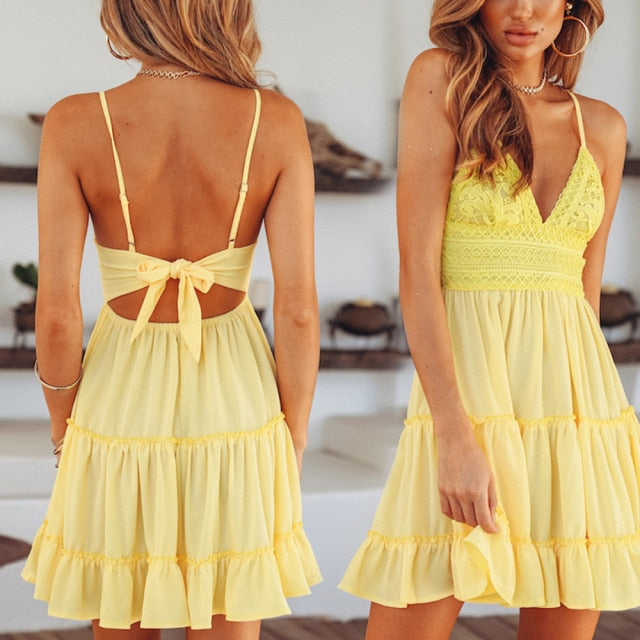 woloong Summer Women Lace Mini Dress Sexy Backless V-neck Beach Dresses Halter Sleeveless Spaghetti Strap Ruffle Sundress White Dress