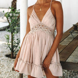woloong Summer Women Lace Mini Dress Sexy Backless V-neck Beach Dresses Halter Sleeveless Spaghetti Strap Ruffle Sundress White Dress