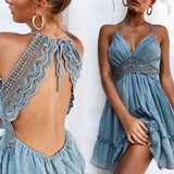 woloong Summer Women Lace Mini Dress Sexy Backless V-neck Beach Dresses Halter Sleeveless Spaghetti Strap Ruffle Sundress White Dress