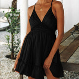 woloong Summer Women Lace Mini Dress Sexy Backless V-neck Beach Dresses Halter Sleeveless Spaghetti Strap Ruffle Sundress White Dress