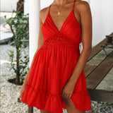 woloong Summer Women Lace Mini Dress Sexy Backless V-neck Beach Dresses Halter Sleeveless Spaghetti Strap Ruffle Sundress White Dress
