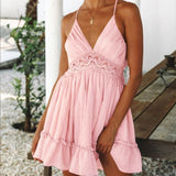 woloong Summer Women Lace Mini Dress Sexy Backless V-neck Beach Dresses Halter Sleeveless Spaghetti Strap Ruffle Sundress White Dress