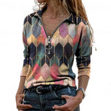 Spring Autumn Women Loose Casual Vintage Tees Zipper Neckline V Neck Cotton Blouse Hexagon Print Shirts Full Long Sleeve