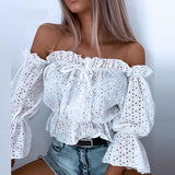 Women Fashion Sexy Off Shoulder Shirt Summer Elegant Hollow Out Lace-Up Tops Office Ladies Casual Solid Simple Shirts