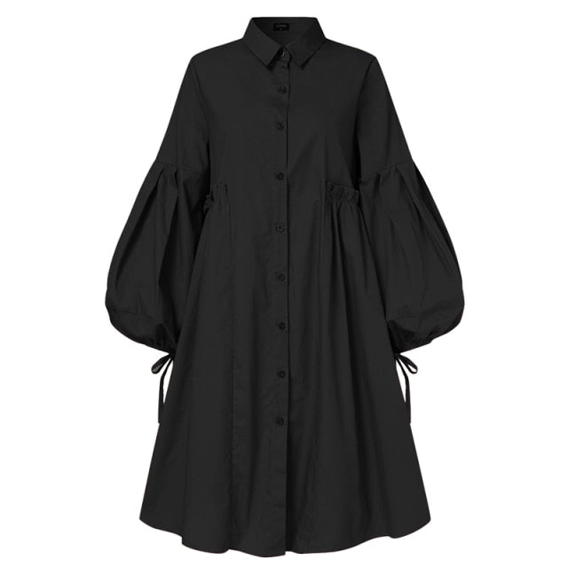 Women Dress  Autumn Turn Down Neck Long Lantern Sleeve Dresses  Bohemain Vestidos Knee-Length Sundress