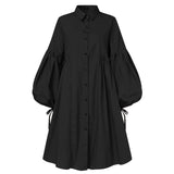 Women Dress  Autumn Turn Down Neck Long Lantern Sleeve Dresses  Bohemain Vestidos Knee-Length Sundress