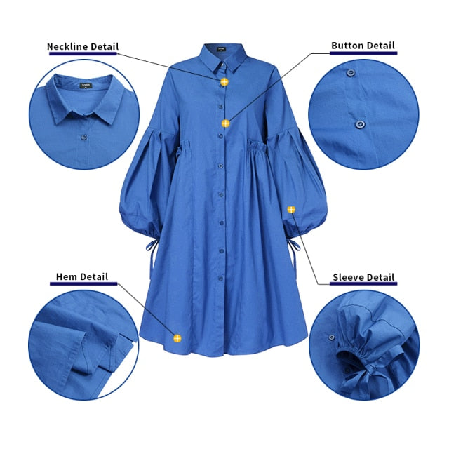 Women Dress  Autumn Turn Down Neck Long Lantern Sleeve Dresses  Bohemain Vestidos Knee-Length Sundress