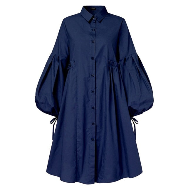Women Dress  Autumn Turn Down Neck Long Lantern Sleeve Dresses  Bohemain Vestidos Knee-Length Sundress