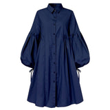 Women Dress  Autumn Turn Down Neck Long Lantern Sleeve Dresses  Bohemain Vestidos Knee-Length Sundress