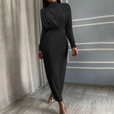 Woloong Elegant Women Dress Stand Collar Slim Waist Solid Blue Ankle Length Autumn Long Sleeve Casual Party Dress Fashion