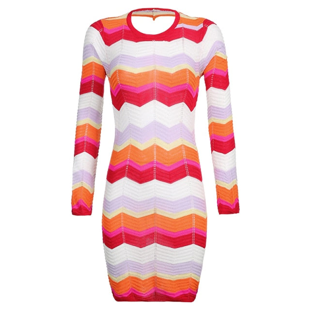 Wave Striped Patchwork Y2K Mini Dresses Backless Long Sleeves Elegant Sundress Fashion Cute Aesthetic 90s Outfits Cuteandpsycho