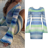 Wave Striped Patchwork Y2K Mini Dresses Backless Long Sleeves Elegant Sundress Fashion Cute Aesthetic 90s Outfits Cuteandpsycho