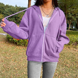 Woloong Brown Zip Up Hooded Sweatshirts Women Vintage Pockets Oversized Jacket Coat Autumn Female Y2K Aesthetic Long Sleeve Hoodie