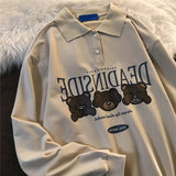 Vintage Polo Collar Oversized Hoodies Women Korean  Autumn Letter Print Sweatshirt Harajuku Bear Tops Long Sleeve Plus Size