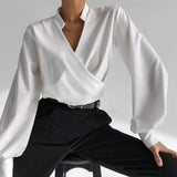 Elegant Office Blouse Autumn Women Sexy V Neck Long Lantern Sleeve Shirt Solid Casual Irregular Tunic Top Streetwear
