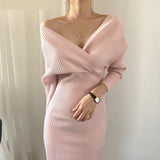Woloong Long-sleeved Knitted Dress Woman Fall Cross V-neck Pink Knit Dress Clothing Woman Autumn and Winter Korean Knitwear Work