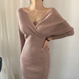 Woloong Long-sleeved Knitted Dress Woman Fall Cross V-neck Pink Knit Dress Clothing Woman Autumn and Winter Korean Knitwear Work