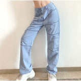 Woloong Y2K Low Rise Staright Cargo Jeans Wrap Belt Retro Denim Pants Ruched Drawstring Women Denim Trousers Street Indie Aesthetic Jean
