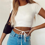 O Neck Long Sleeve Shirt Women Ribbed Sexy Cropped Tops Spring Black Casual Skinny Slim Basic Woman T Shirts White