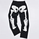 Woloong Skeleton Patterned Low Rise Jeans Streetwear Women Black Denim Trousers Cyber Y2k Goth Pants Fall