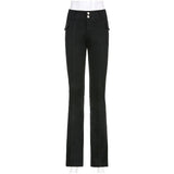 Woloong Vintage black low rise striped flare denim pants mall goth indie aesthetic pockets patchwork jeans women y2k wide leg trousers