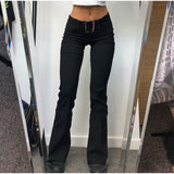Woloong Vintage black low rise striped flare denim pants mall goth indie aesthetic pockets patchwork jeans women y2k wide leg trousers