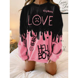 Woloong Pink Black Letter Print Oversized Crewneck Sweatshirt Women Loose O Neck Long Sleeve Pullover Thin Fashion Tops Spring Fall