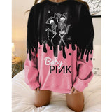 Woloong Pink Black Letter Print Oversized Crewneck Sweatshirt Women Loose O Neck Long Sleeve Pullover Thin Fashion Tops Spring Fall