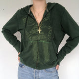 Y2K Aesthetic Women Hoodies with Pockets 90s Vintage Graphic Printed Zipper Coat Top E-girl Sweatshirt Green Autumn fairy grunge