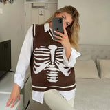 Fashion Sweaters Skulls Pullovers V Neck Knitwear Loose Casual Knitted Pull Oversize Women Streetwear Tops  Autumn