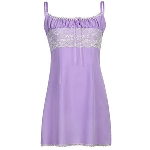 Sweetown Aesthetic Purple Party Dress Women Lace Chiffon Cute Sleeveless Sexy Mini Dresses Lace Up Kawaii E Girl Clothes