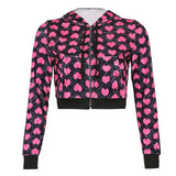 Woloong 2000s Aesthetics Pink Heart Print Velour Track Set Streetwear Zip Up Hoodies 2 Piece Suit With Pants Kawaii Co-ords
