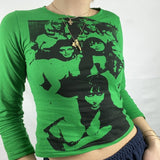 Summer Long Sleeve Crop Top Green Women Print Sexy T Shirts Basic Streetwear Casual Tops Shirt Vintage Fashion