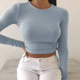 Casual Solid O-Neck Long Sleeve Crop Top Women Pullover Side Drawstring Sweatshirt Ruched White T-Shirt Tee Shirt Women Clothing