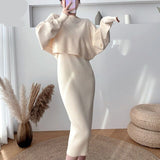 New Fall/Winter Bat Sleeve O-Neck Soft Sweater  + Women's Knitted Vest Long Dress Two-Piece Dress Sets