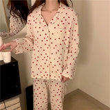 Woloong Sleepwear Women's Cotton Red Heart Print Pijama Long Sleeve Autumn Pajamas Female Set Korean Pyjamas Negligee Cardigan