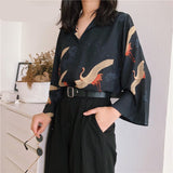 Woloong Autumn Vintage Japanese Blouse Women V Neck Loose Top Femme Crane Print Black Fall Blouse Clothing