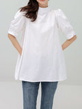 woloong Solid Color Pleated Bowknot Loose Half Sleeves Mock Neck Blouses&Shirts Tops