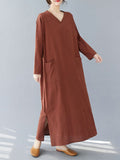 woloong Split-Side Solid Color Pockets Loose Long Sleeves V-Neck Maxi Dresses