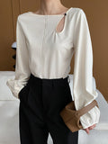 woloong Solid Color Belly-Hollow Asymmetric Puff Sleeves Loose Round-Neck Blouses&Shirts Tops