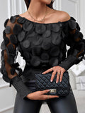 woloong Loose Puff Sleeves Elasticity Gauze See-Through Solid Color Split-Joint Round-neck Blouses