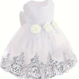 Toddler's Elegant Sequin Mesh Princess Dress, Flower Decor Lace Sleeveless Gowns, Baby Girl's Clothing For Formal Occasion/Birthday Party/Photography/Banquet