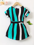 Girls Color Block Vertical Striped Short Sleeve Notch Neck Curved Hem Dress With Belt Kids Summer Clothes