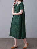 woloong Original Solid Jacquard Short Sleeve Midi Dress