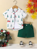 Boys' Christmas Printed 2-Piece Outfit, Polyester Fabric, Party Style, Non-Stretch, Random Print, Regular Fit, Woven, Button Detail, Shorts Set for Toddler Boys, for Outdoor