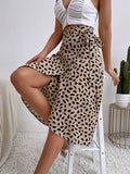woloong Tied Waist Split-Front Printed Loose High-Low Skirts Bottoms